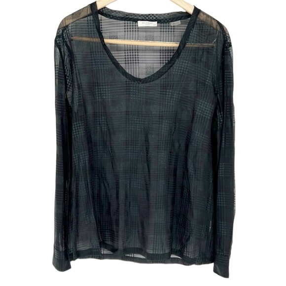 Equipment Tops - Equipment Sheer Plaid Patterned Black Long Sleeve Top